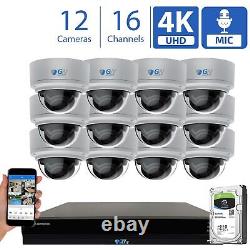 16 Channel NVR (12) 4K Microphone Varifocal IP PoE Dome Security Camera System