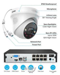 ZOSI 4K 8CH NVR 5MP PoE Security Camera System Night Vision Outdoor playback 2TB