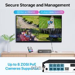 ZOSI 4K 8CH Wired NVR 5MP PoE Security Camera CCTV System 2T Network 24/7 Record